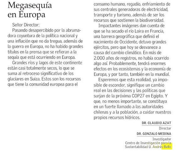 Carta Megasequiía en Europa - El Mercurio