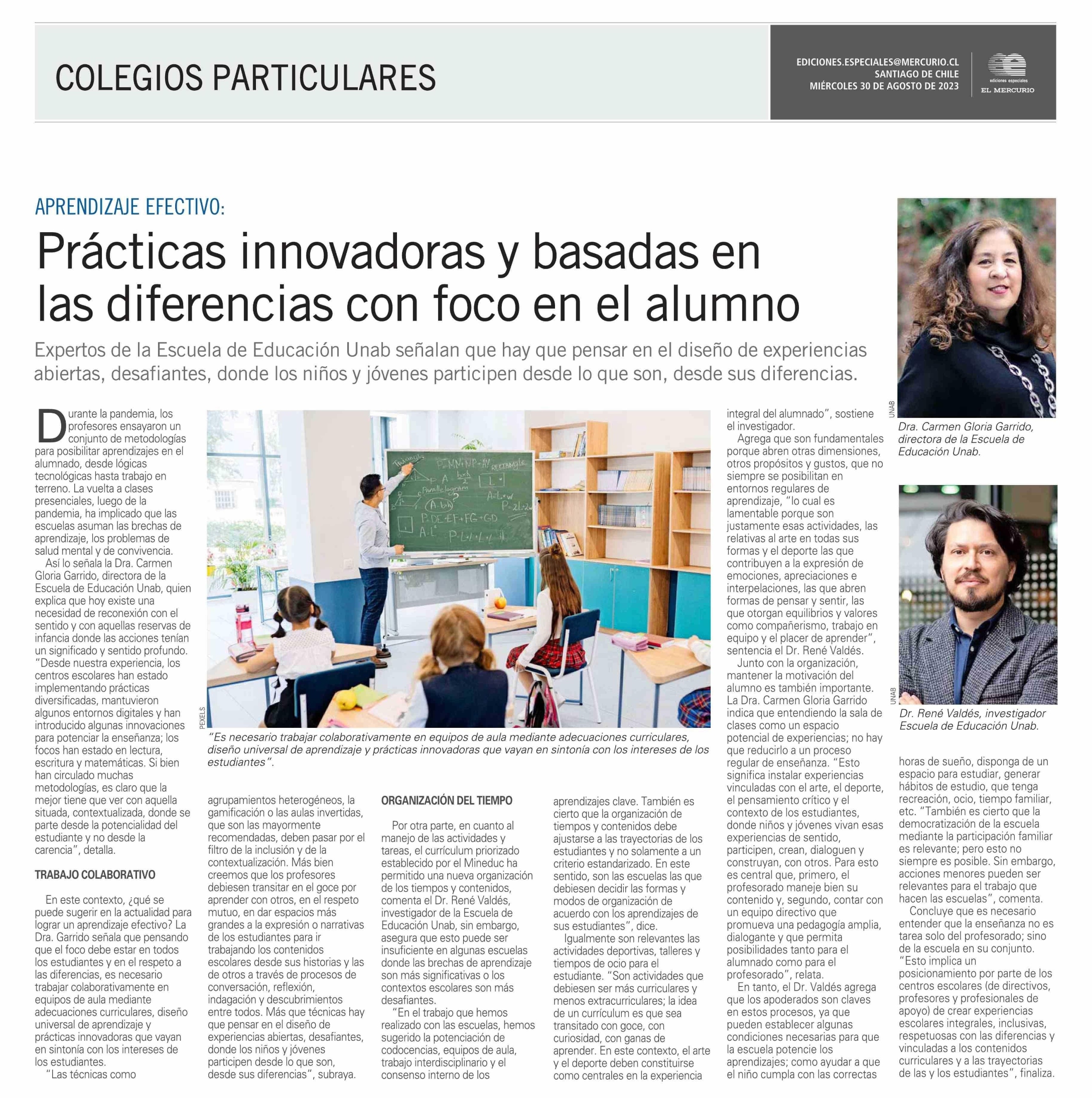 Expertos de la Escuela de Educación UNAB, Carmen Gloria Garrido y René Valdés, consideran que las prácticas innovadoras permiten que los estudiantes se involucren activamente en su proceso de aprendizaje.