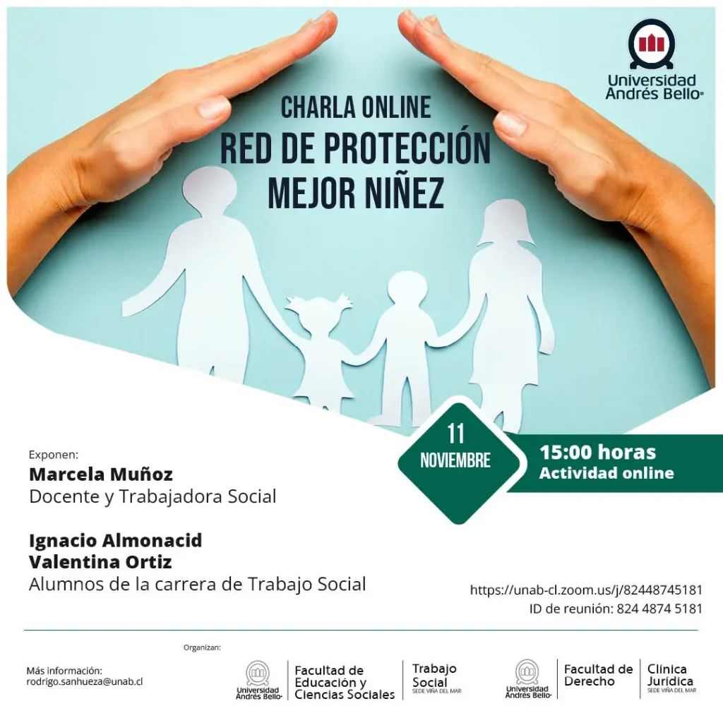 La Escuela de Derecho y Trabajo Social de la UNAB, sede Viña del Mar, realizaron una charla sobre la red de protección Mejor Niñez, con el objetivo de fortalecer los conocimientos de los estudiantes de la Clínica Jurídica UNAB.