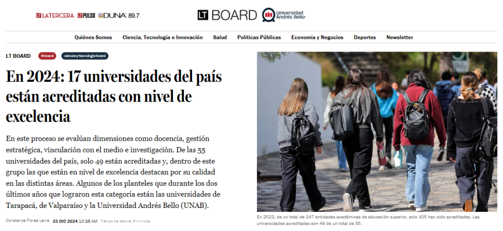 La Universidad Andrés Bello se reafirma como una de las 17 universidades más destacadas de Chile.