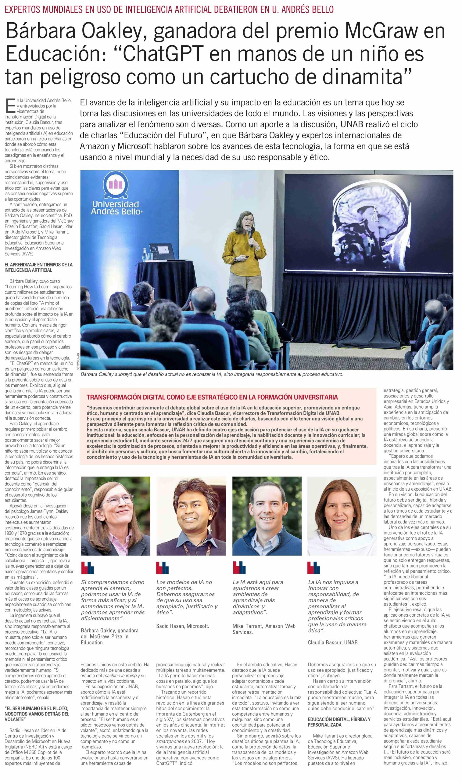 Bárbara Oakley, Mike Tarrant y Sadid Hasan, expertos en IA.