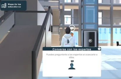 Virtual lab building interior with a user in a white hoodie approaching an expert chat prompt in Spanish: 'Conversa con los expertos'