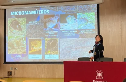 Slide titled 'MICROMAMÍFEROS' showing multiple photos of small mammals with their Spanish and scientific names, including Rata negra and other species, in a university lecture slide layout.