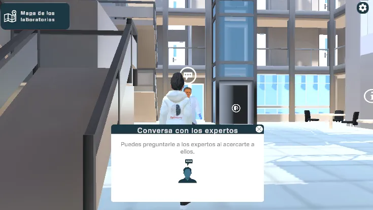 Ventana de conversación en un entorno virtual de laboratorio; invita a preguntar a los expertos ('Conversa con los expertos').
