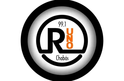 Radio station logo for 99.1 R UNO Chabás, a circular black-and-white emblem with bold 'R' and orange 'UNO' lettering and 'Chabás' underneath.