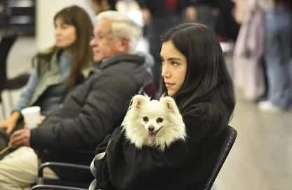 Woman with long dark hair sitting in a busy indoor space, holding a small fluffy white dog facing the camera.