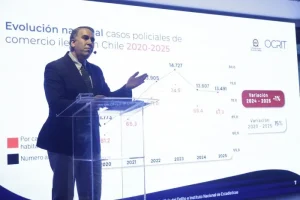 Man in a suit presenting at a podium beside a large screen displaying a line chart about illicit trade cases in Chile for 2020–2025 (text in Spanish).