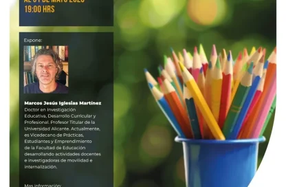 Cartel de clase internacional sobre didáctica y evaluación para los aprendizajes. Fechas: 27 de abril al 31 de mayo de 2026, 19:00 hrs. Expositor: Marcos Jesús Iglesias Martínez (doctor en investigación).