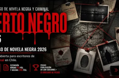 Poster de concurso: Puerto Negro 2026 con fechas y logotipo de Universidad Andrés Bello, estilo negro y rojo con fotos y evidencia policial.
